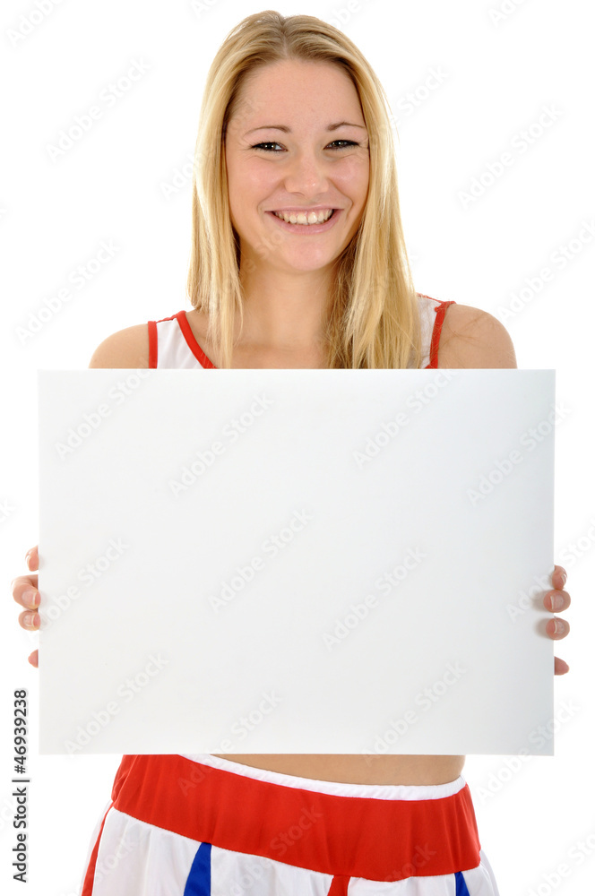 Cheerleader hält leeres Schild Cheerleader hält leeres Schild