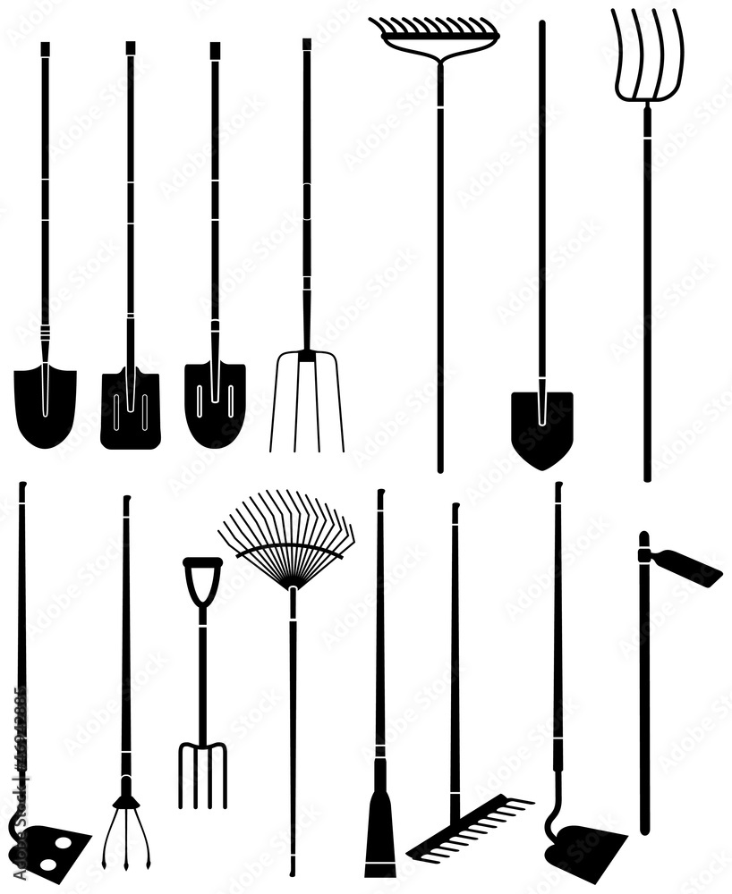 Naklejka premium Silhouette set of long handled gardening tools