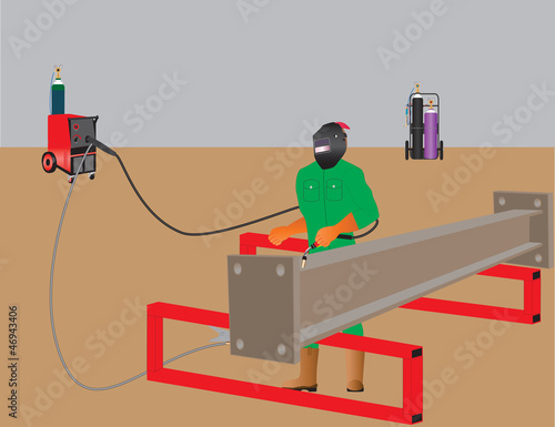 Man welding with Mig Welder, Oxy Acetylene Set in Background