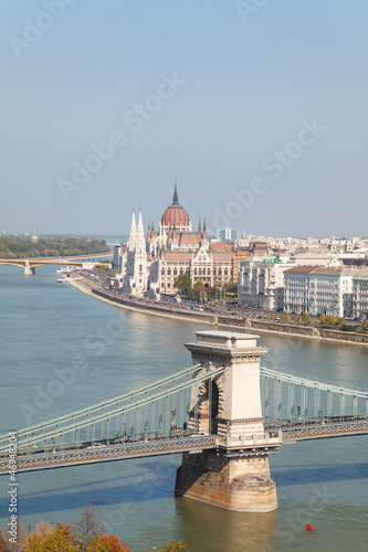 Szechenyi suspension bridge in Budapest, Hungary the Parliament © andreykr