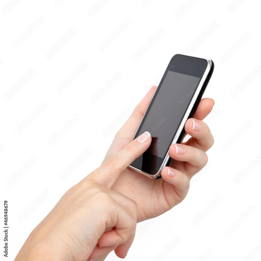 female hands holding a phone and touches the screen female hands holding a phone and touches the screen