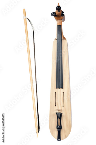 Isolated Turkish fiddle kemence with fiddlestick on white