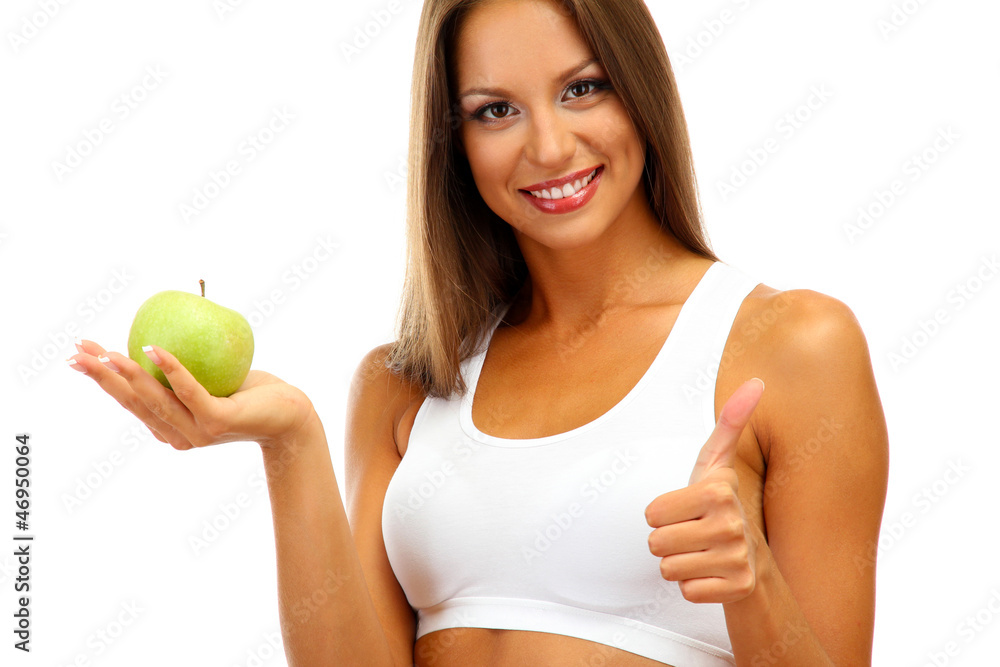 beautiful young woman with green apple, isolated on white beautiful young woman with green apple, isolated on white