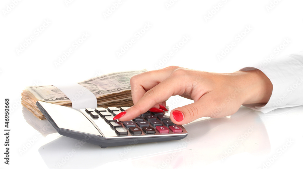 female hands doing calculations on calculator isolated on white female hands doing calculations on calculator isolated on white