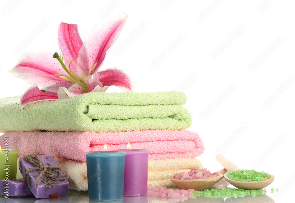 towels with lily, aroma oil, candles, soap and sea salt towels with lily, aroma oil, candles, soap and sea salt