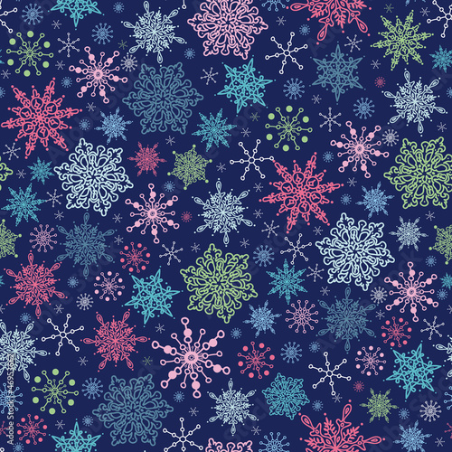 vector Snowflakes On Night Sky Seamless Pattern Background with