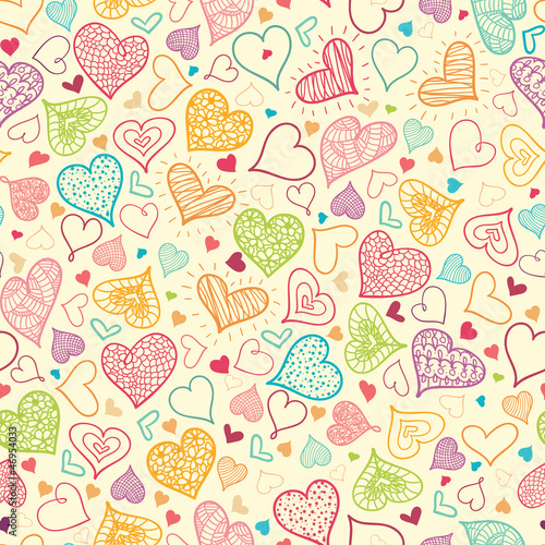 Vector Doodle Hearts Seamless Pattern Background with many hand