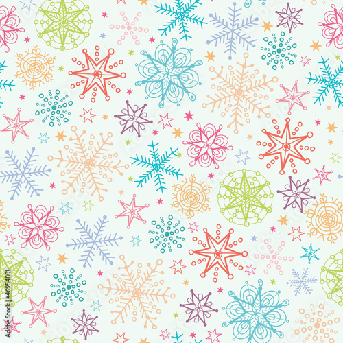vector Colorful Doodle Snowflakes Seamless Pattern Background