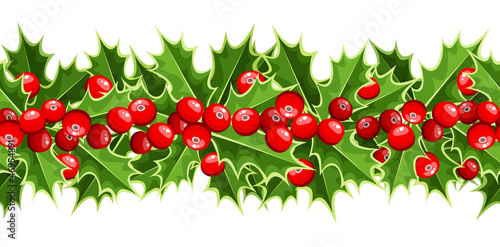 Horizontal vector seamless background with Christmas holly.