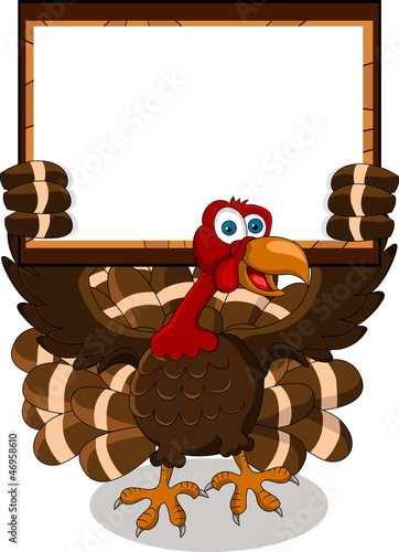 happy turkey cartoon with blank board