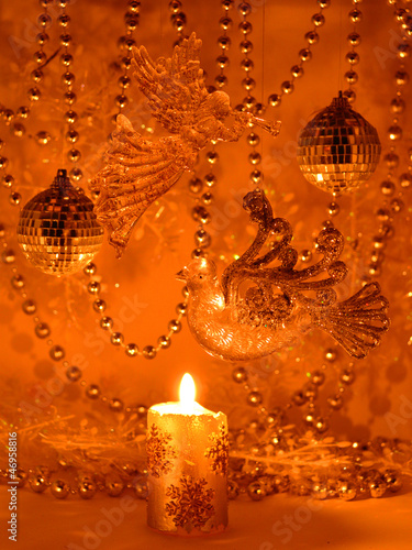 Christmas card with candle, angel and bird photo