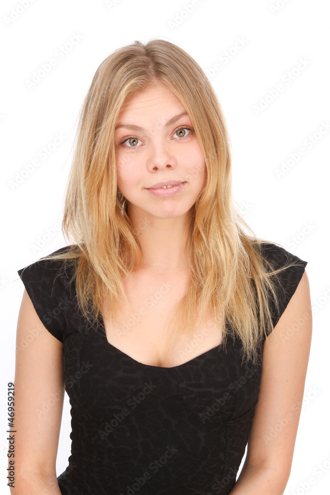 Portrait of a woman in a black dress on a white background. Portrait of a woman in a black dress on a white background.