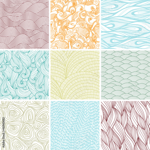 Set of nine colored wavy curly seamless textures