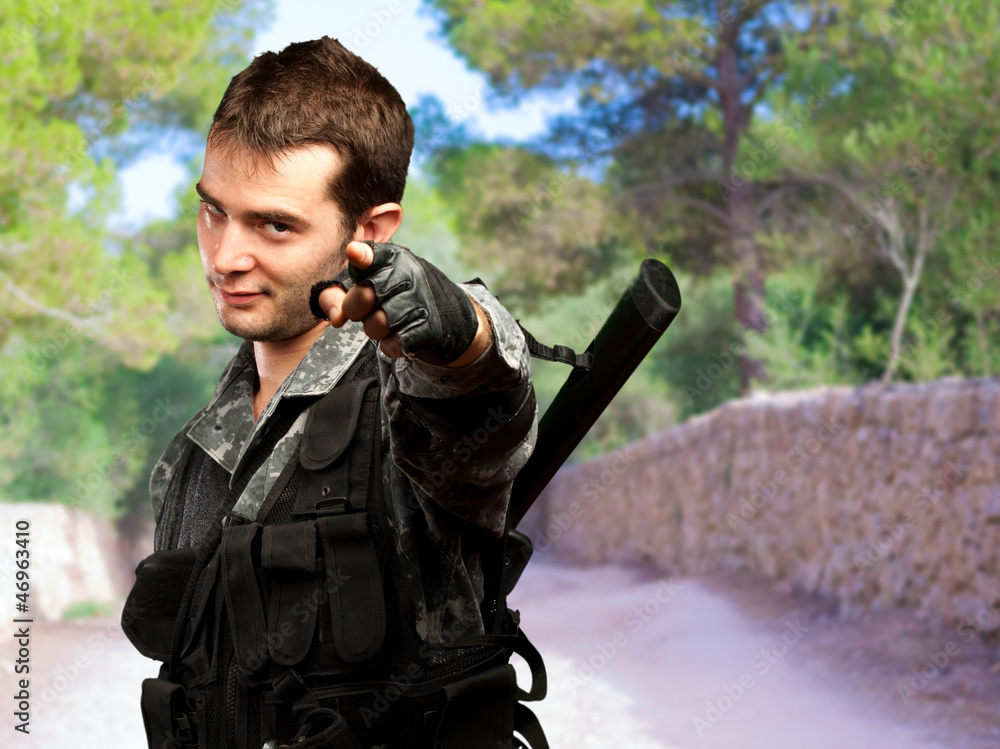 Fototapeta premium Portrait Of A Soldier Pointing