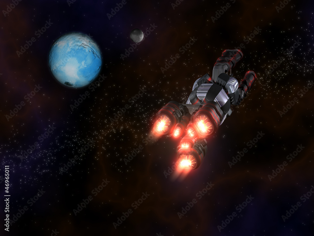 Back view of Black and Red Space Ship in Action in Space