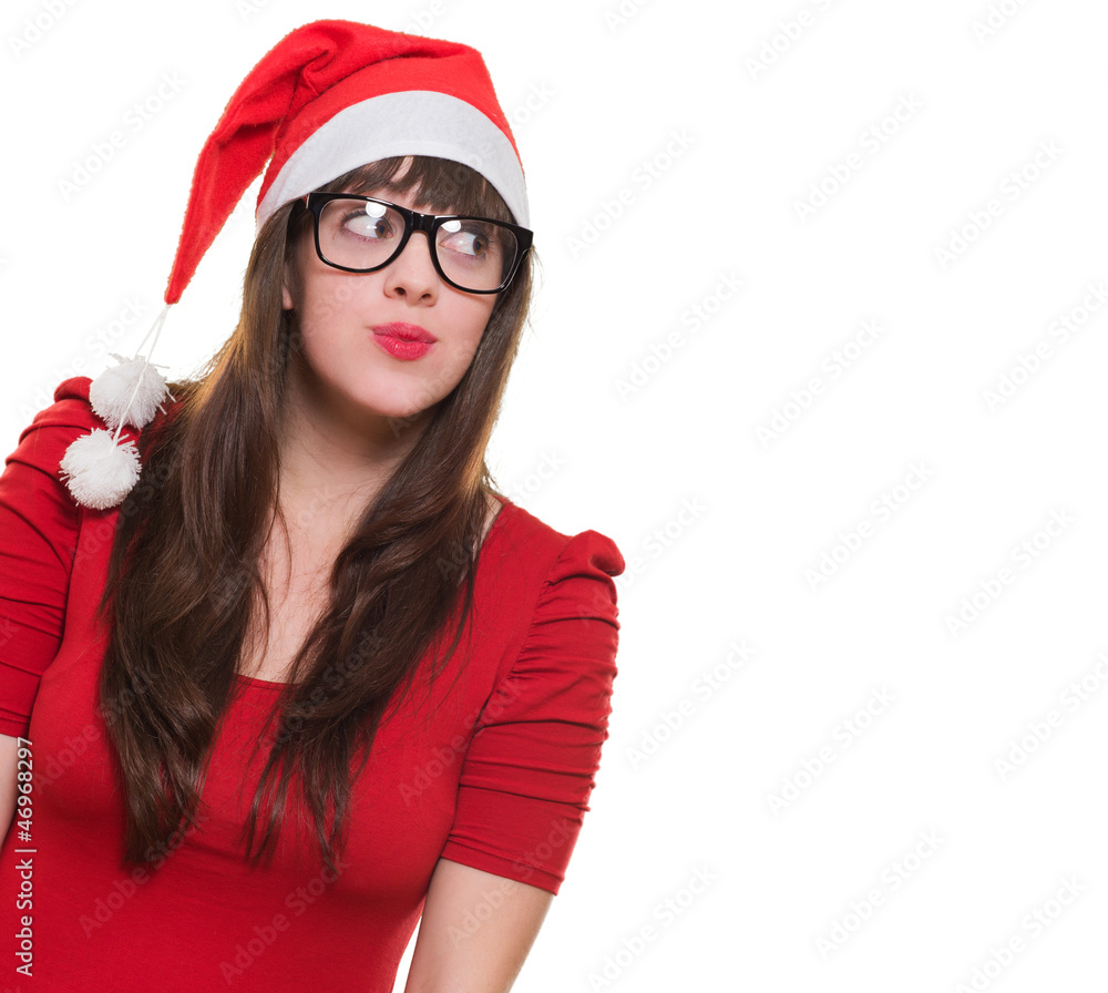 christmas woman wearing glasses and looking up christmas woman wearing glasses and looking up