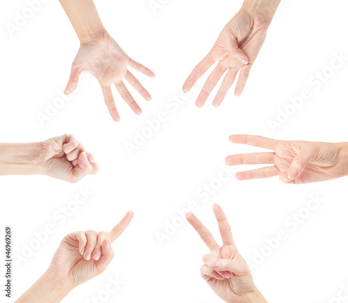 Counting woman hands (0 to 5) isolated on white background