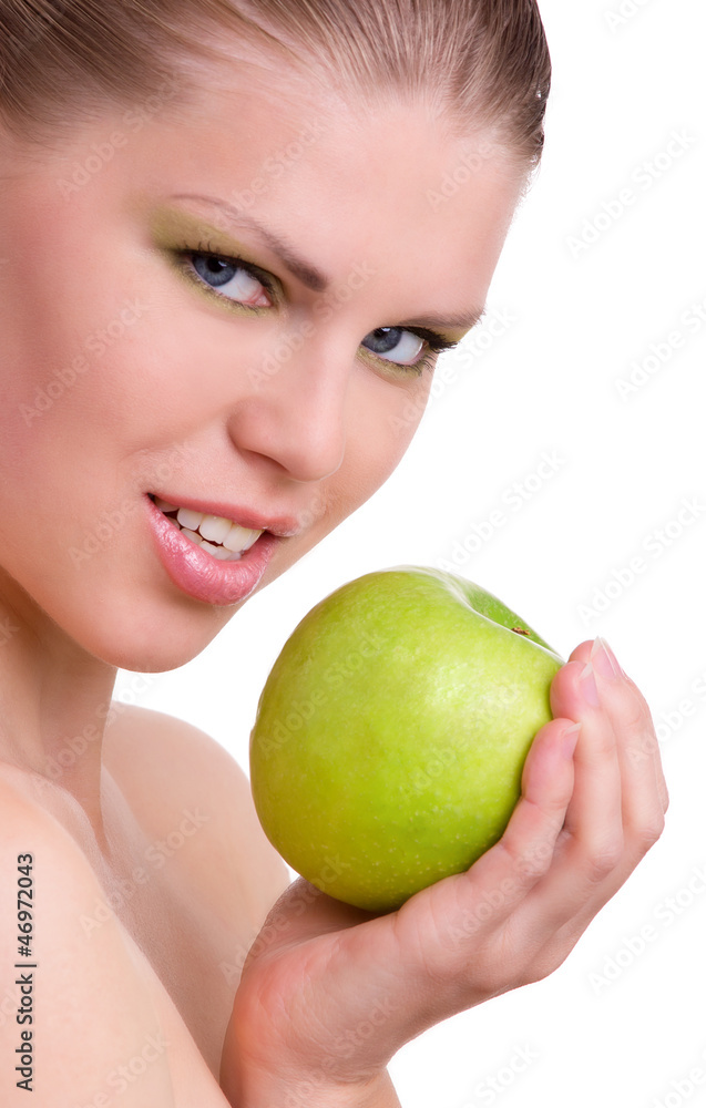 Beautiful Woman With Green Apple Looking Towards Camera Beautiful Woman With Green Apple Looking Towards Camera