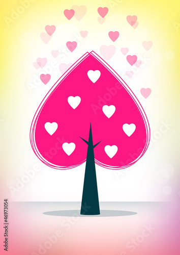 Card with hearts and tree on pink-yellow background.