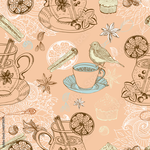 Seamless doodle background with mulled warm wine