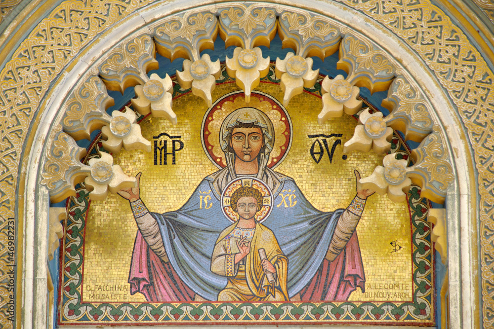 Iconic golden mosaic of Mary and child Jesus