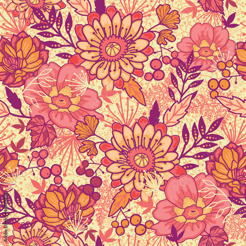 Vector gold and red autumn flowers elegant seamless pattern © Oksancia