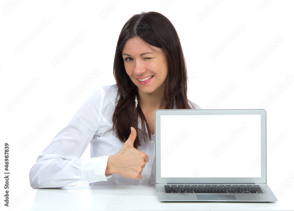 female with modern laptop keyboard thumb up female with modern laptop keyboard thumb up
