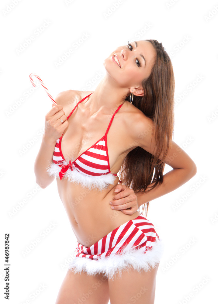 Beautiful Sexy christmas girl in red stripped bikini foto de Stock | Adobe  Stock