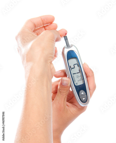 Diabetic patient measuring glucose level blood test