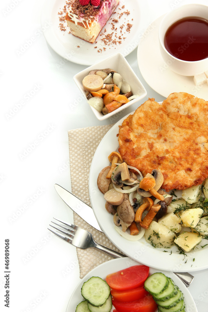 Roast chicken cutlet with boiled potatoes and mushrooms, cup of Roast chicken cutlet with boiled potatoes and mushrooms, cup of