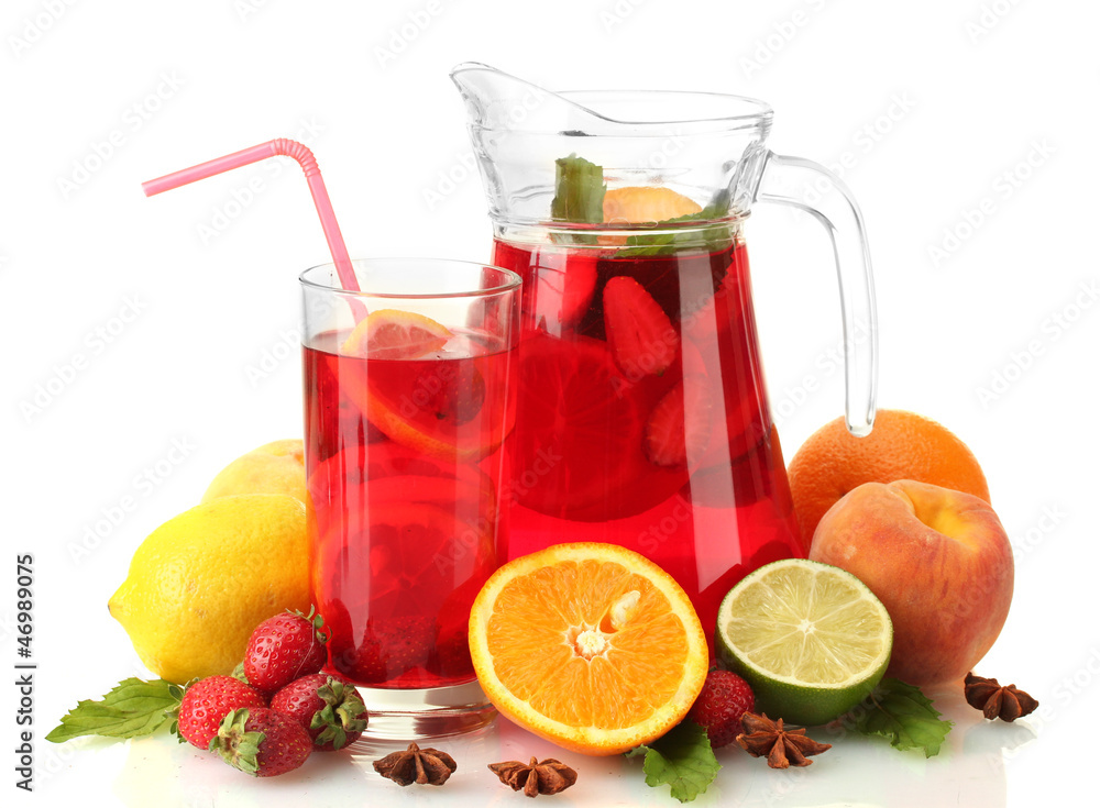 sangria in jar and glass with fruits, isolated on white sangria in jar and glass with fruits, isolated on white