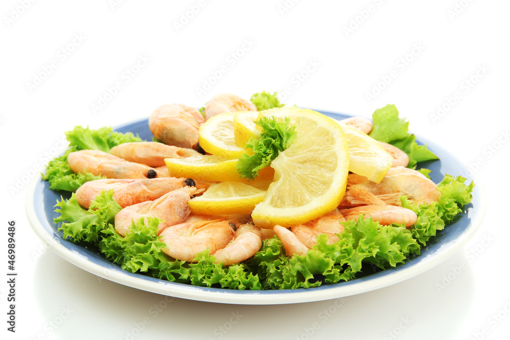 Boiled shrimps with lemon and lettuce leaves Boiled shrimps with lemon and lettuce leaves