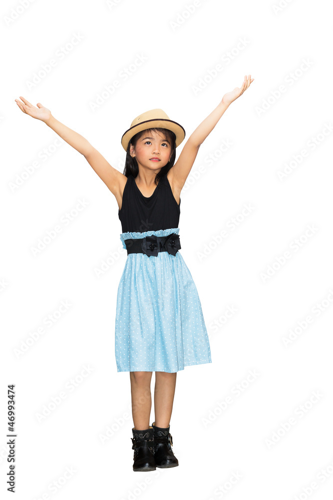Fototapeta premium Asian young girl hand up in the air, Isolated over white