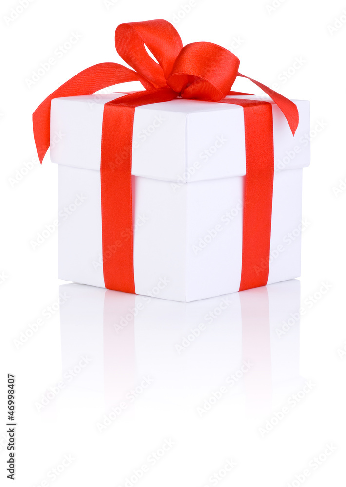 Fototapeta premium One White boxs tied Red satin ribbon bow Isolated on white backg