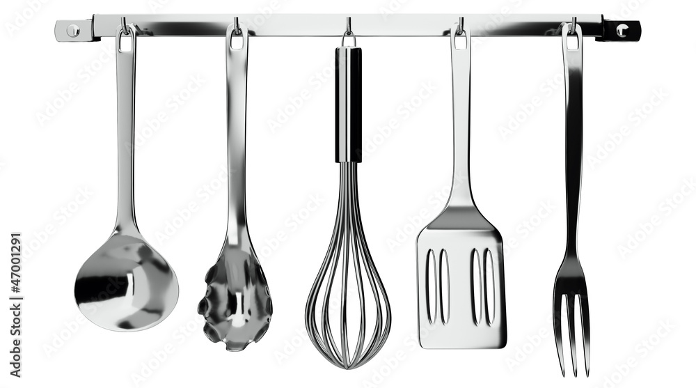 Foto kitchen utensils hanging on white background