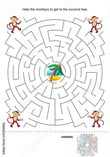 Maze game for kids - monkeys and coconut tree