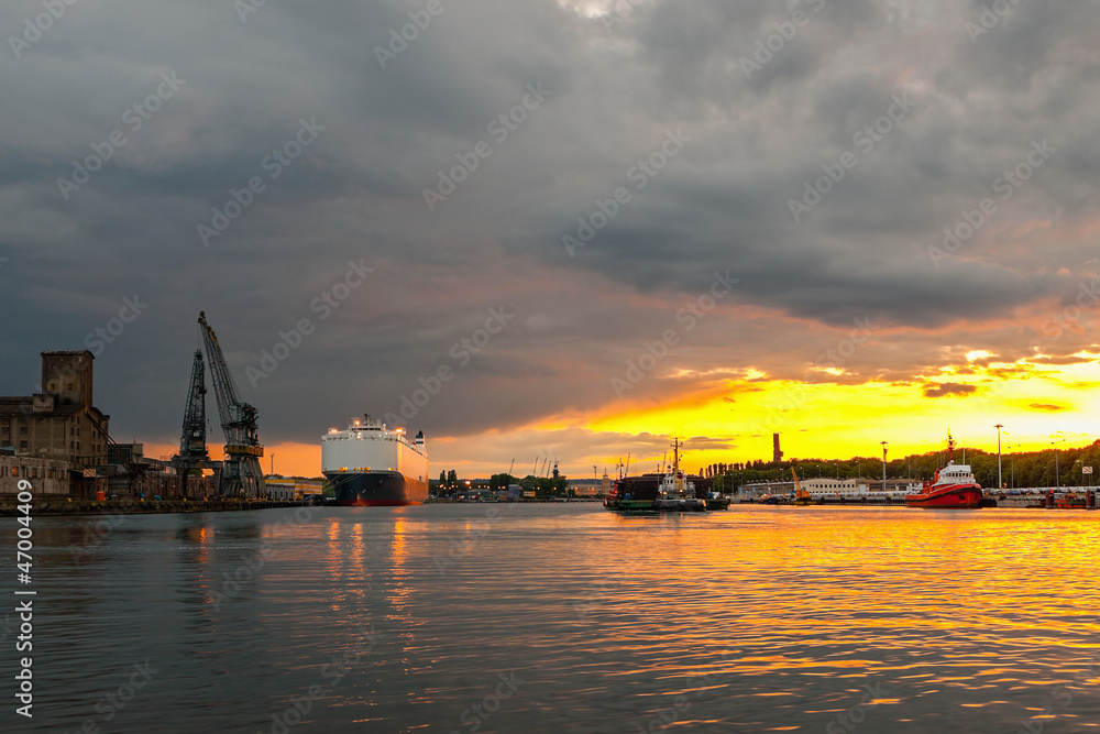 Sunset in port of Gdansk, Poland.