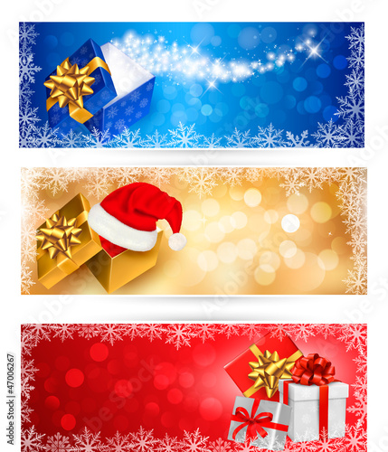 Three christmas banners with gift boxes and snowflakes. Vector i