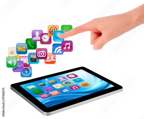Hand holding touch pad pc and finger touching it's screen with i
