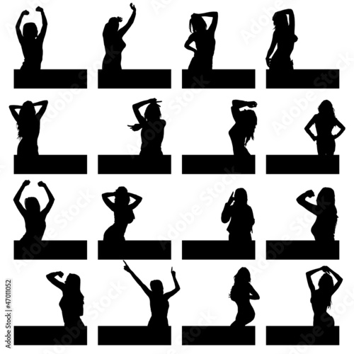 girl in various poses on black silhouette