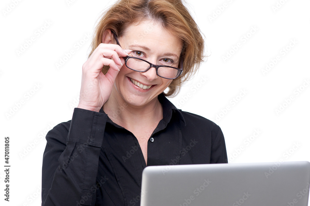 Friendly Caucasian Woman and Laptop Friendly Caucasian Woman and Laptop