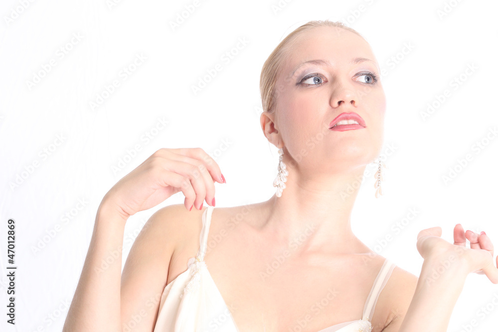 Beautiful lady with white dress, posing at the studio Beautiful lady with white dress, posing at the studio