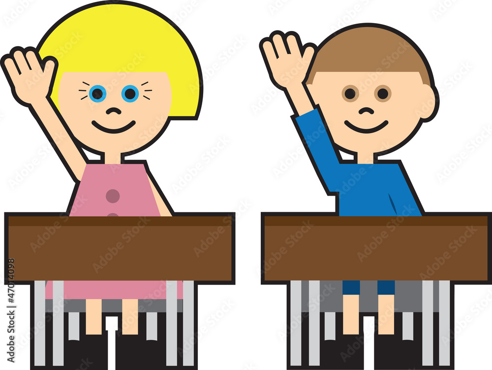 Boy and girl in school raising their hand Boy and girl in school raising their hand