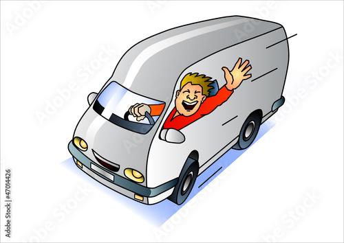 express delivery service van with waving driver
