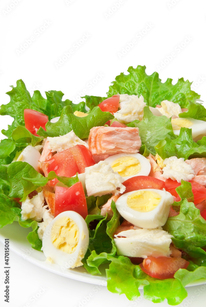fresh salmon salad, lettuce and quail eggs fresh salmon salad, lettuce and quail eggs