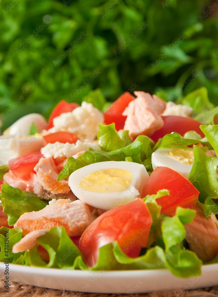 fresh salmon salad, lettuce and quail eggs fresh salmon salad, lettuce and quail eggs