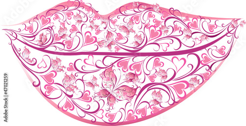 Sensuality lips. Flower lips with butterflies