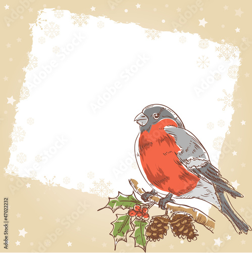 Christmas hand drawn retro postcard with bullfinch bird