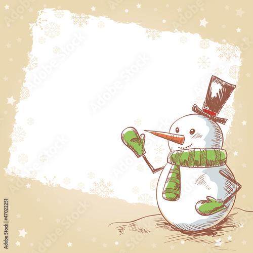 Hand drawn vintage christmas card with smiling snowman