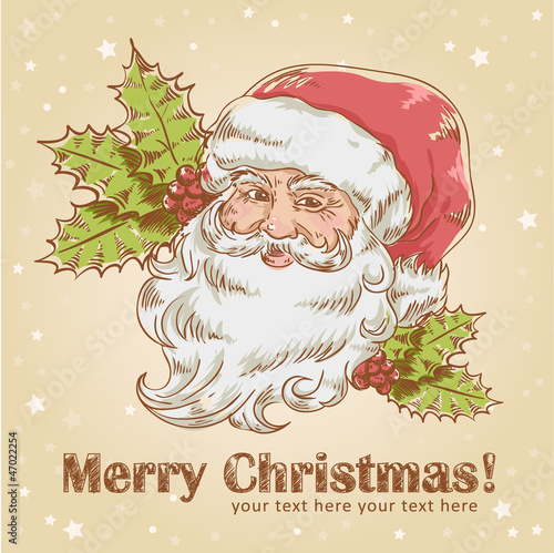 Christmas retro postcard with cute smiling Santa Claus
